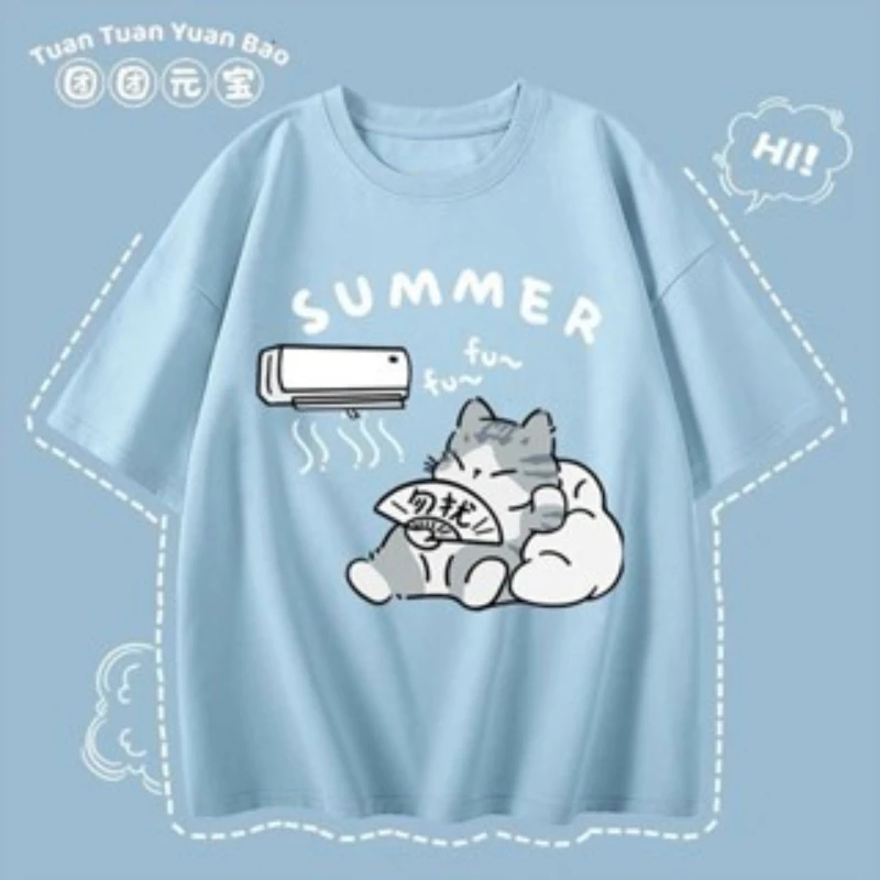 M-8XL Summer Men Oversize T-shirt Korean Casual Loose Style Kitten Blowing Fan Print T-shirt Suitable for Both Men Women image 6