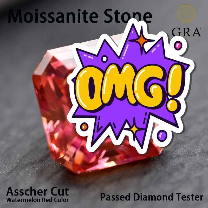 Moissanite Stone Asscher Cut Watermelon Red Color VVS1 DIY Ring Necklace Main Materials Passed Diamond Tester GRA Certificate