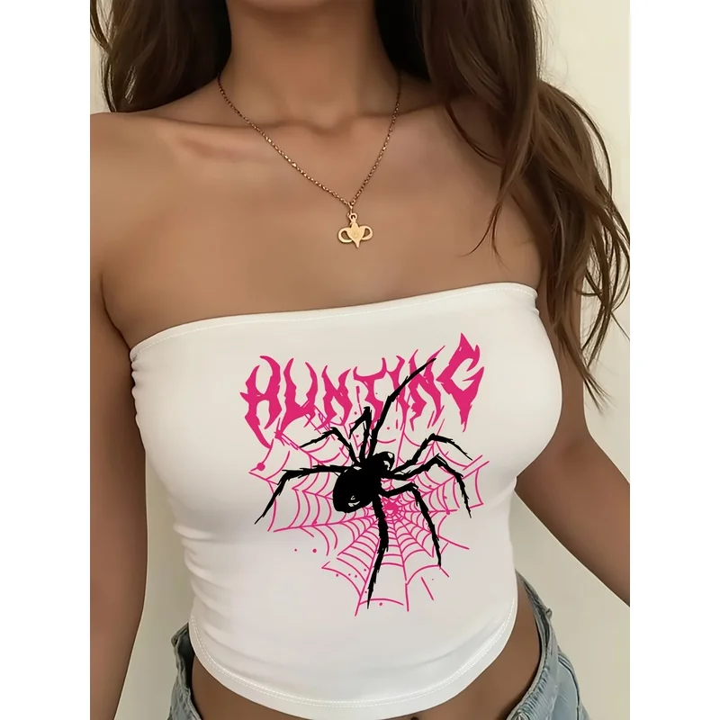 Hunting Spider Web Gothic Print Tube Top Women Y2K Punk Dark Style Strapless Black Cropped Bandeau Top