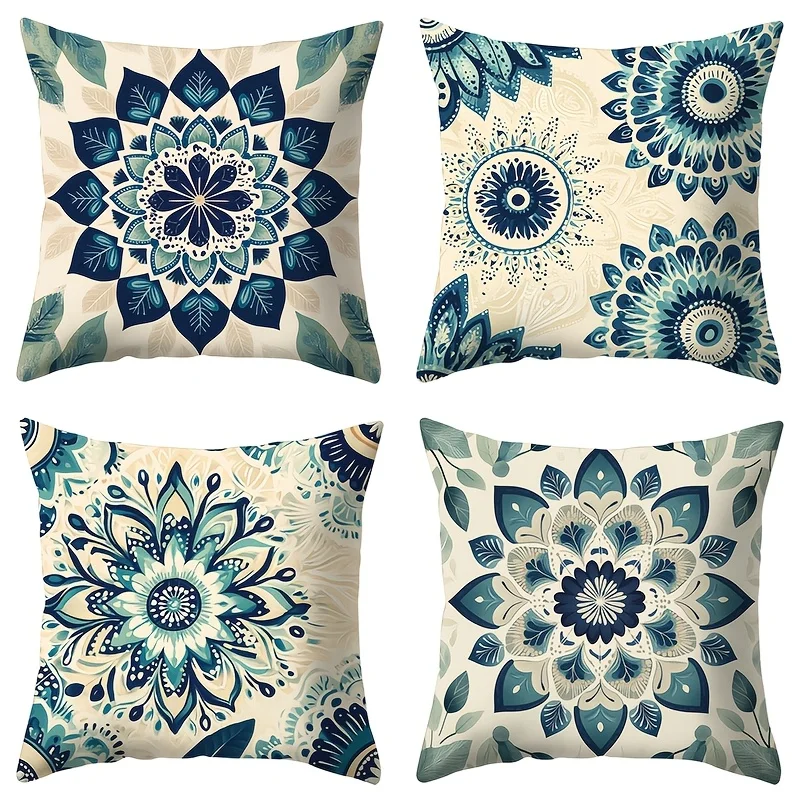 Juego  4 fundas  cojín bohemias, estampado  mandala azul, 40.64 x 40.64 cm, 45.72 x 45.72 cm, 50.8 x 50.8 cm, aptas para d