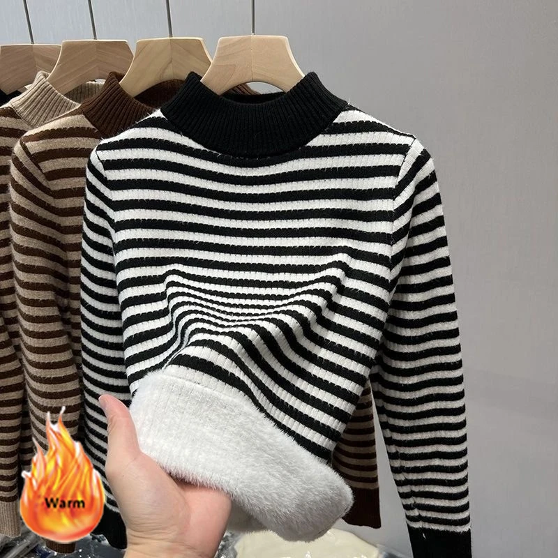 Stripe Plus Velvet Winter Sweater Women Korean Fashion Half High Collar Knit Pullover Oversized Loose Long Sleeve Knitwear Top