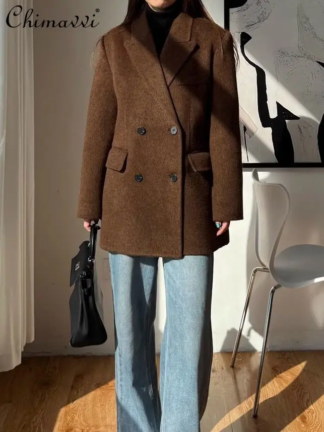 Winter New High-End Right Shoulder Blazer Fashion Coffee Color Thick Warm Double-Sided Wool Coat Short OL Gray Woolen Coat Women