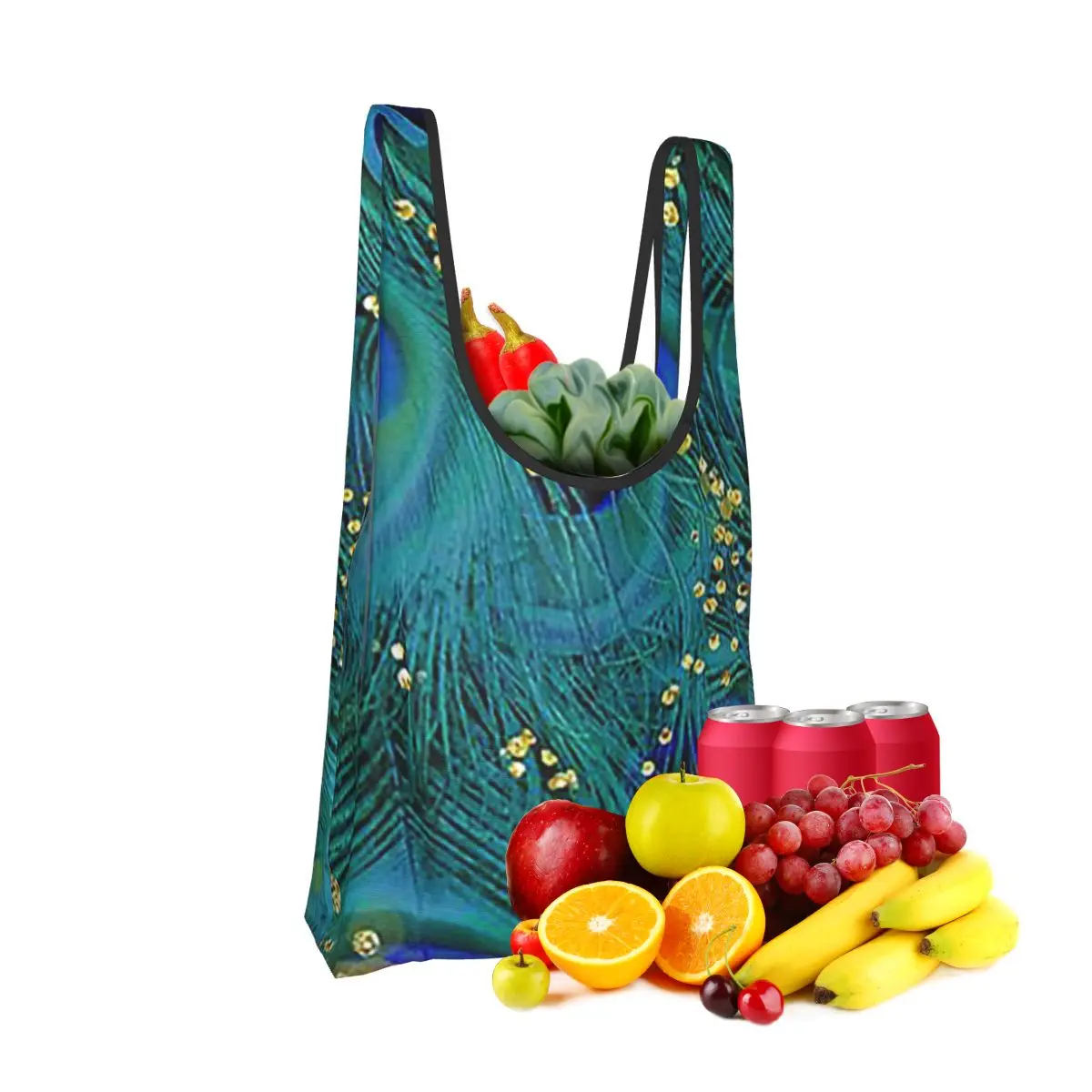

Peacock Feathers Shopping Bag Portable Tote Bags Foldable Shoulder Shopper Bag Grocery Handbag