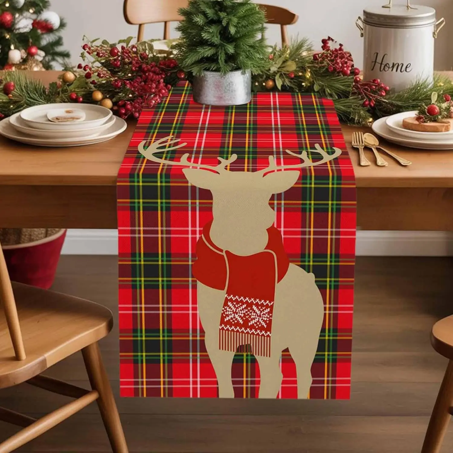 

Christmas Red Green Plaid Elk Linen Table Runner Party Decor Winter Holiday Kitchen Dining Table Runner Christmas Decorations