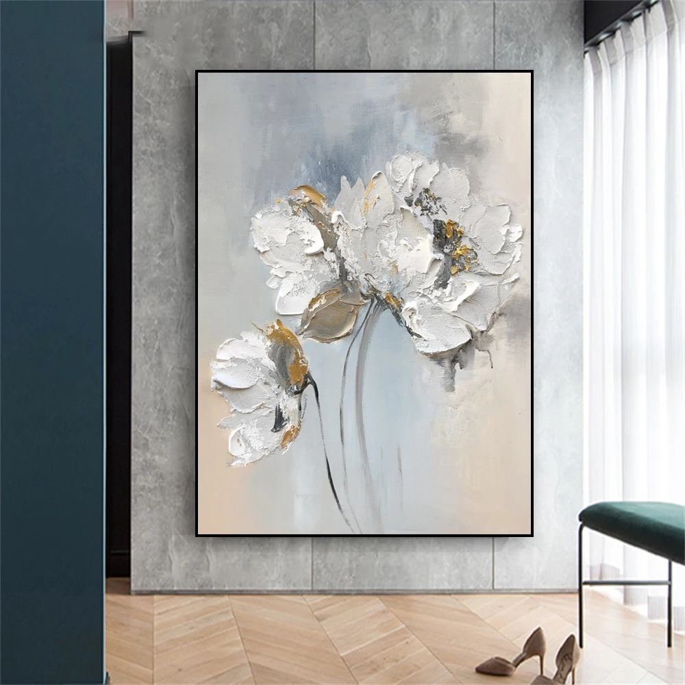 Abstracto branco flores pintura a óleo cartaz moderno floral texturizado arte da parede quadros em tela casa sala de estar decoração