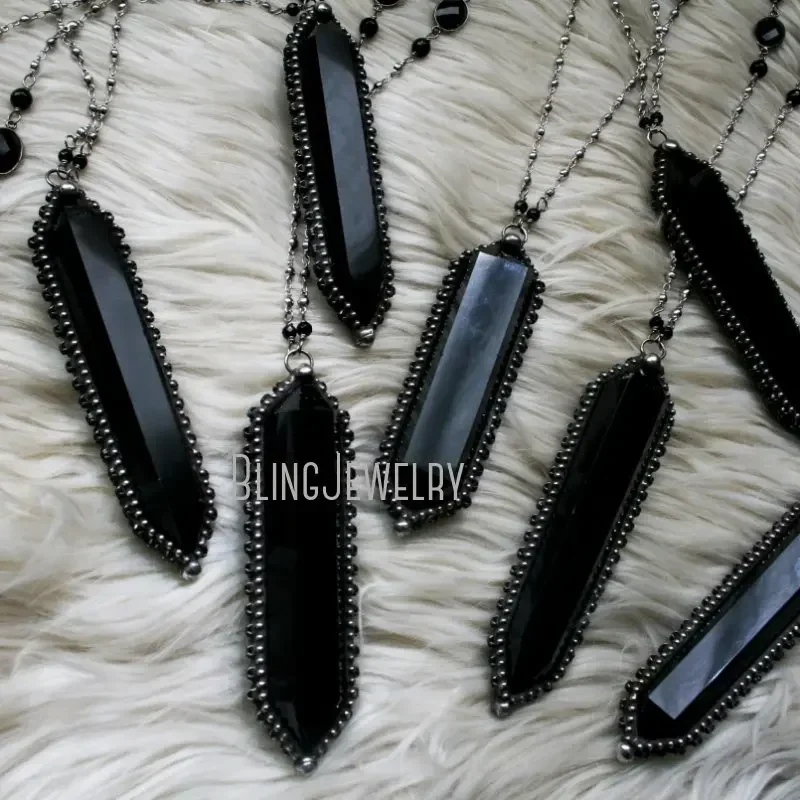10pcs Large Black Obsidian Crystal Collar Arcane Necklace Witch Pendulum Goth Stainless Steel Women Steampunk Emo Y2K Jewelry