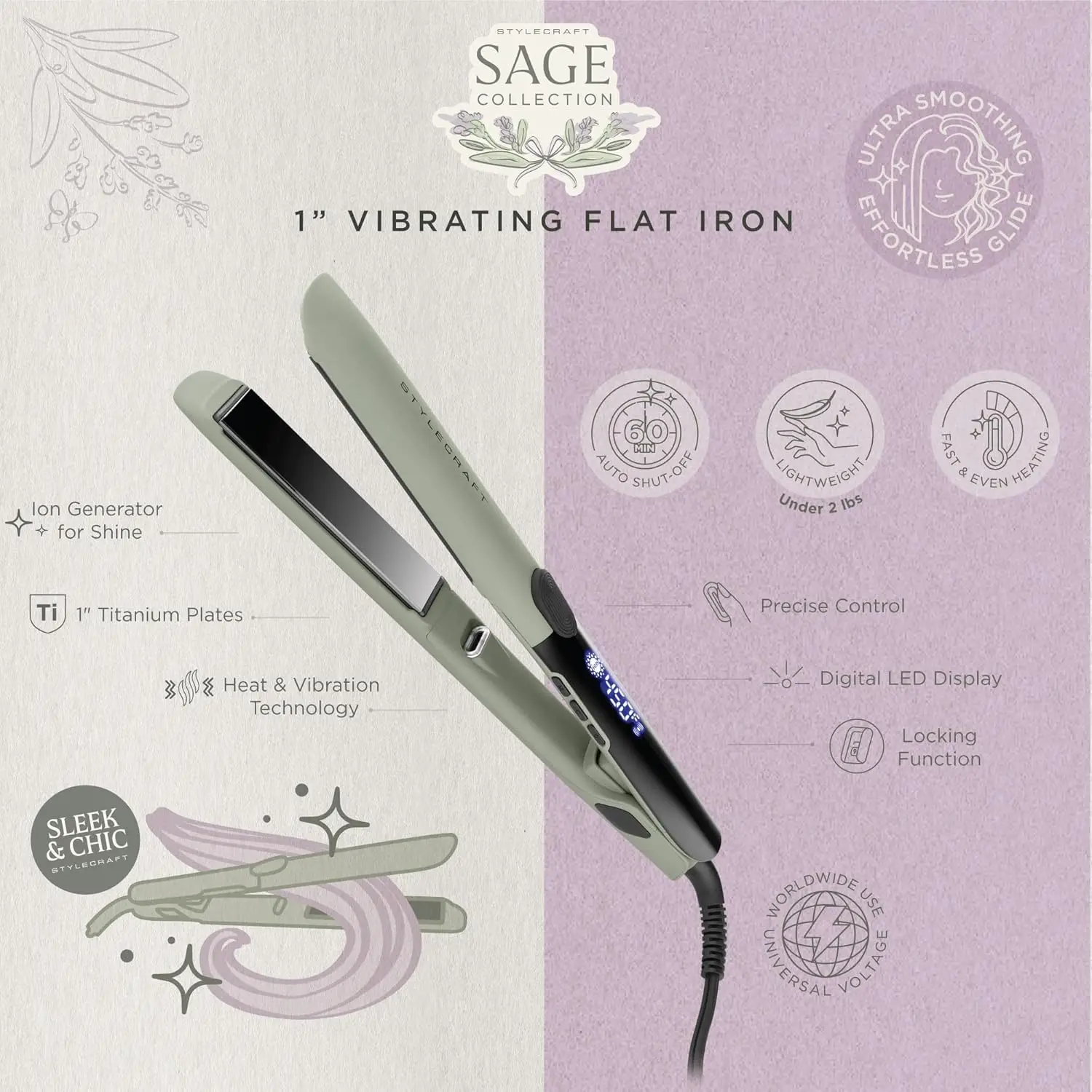Picture 4: StyleCraft Sage – Professional Smooth Gliding Vibrating 1”-Inch Keratin Sealing Flat Iron with Titanium Plates and LED Display f