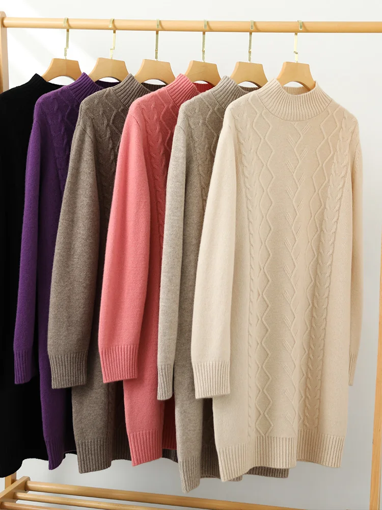 New Women Long Style 100% Merino Wool Dress Autumn Winter Mock Neck Long Dress Quality Cable Soft Knitwear Grace Cashmere Dress