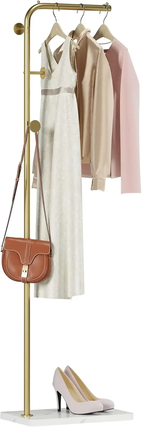 Metal Coat Rack, Modern Coat Tree with 3 Hooks, L Shaped  Hanger Stand, Freestanding  Rack for Entryway and Corner, Gold