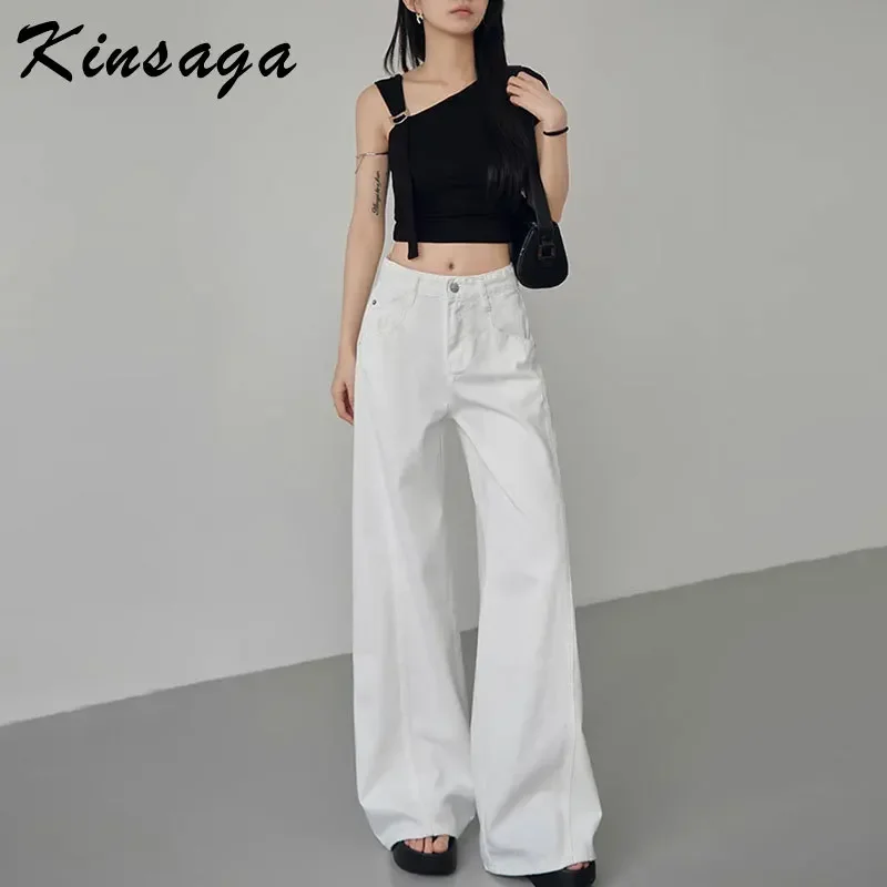 Women Spring Boyfriend White High Waist Straight Jeans Streetwear Curved Hip Cleanfit Surplus Relaxed Wide Leg Denim Trousers