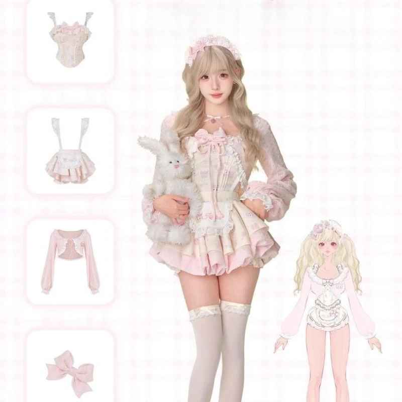 Japanese Sweet Lolita Style 3 Piece Set Women Kawaii Lace Cardigan Bow Slim Crop Top Cartoon Cat Print Strap Dress Y2k Cute Suit