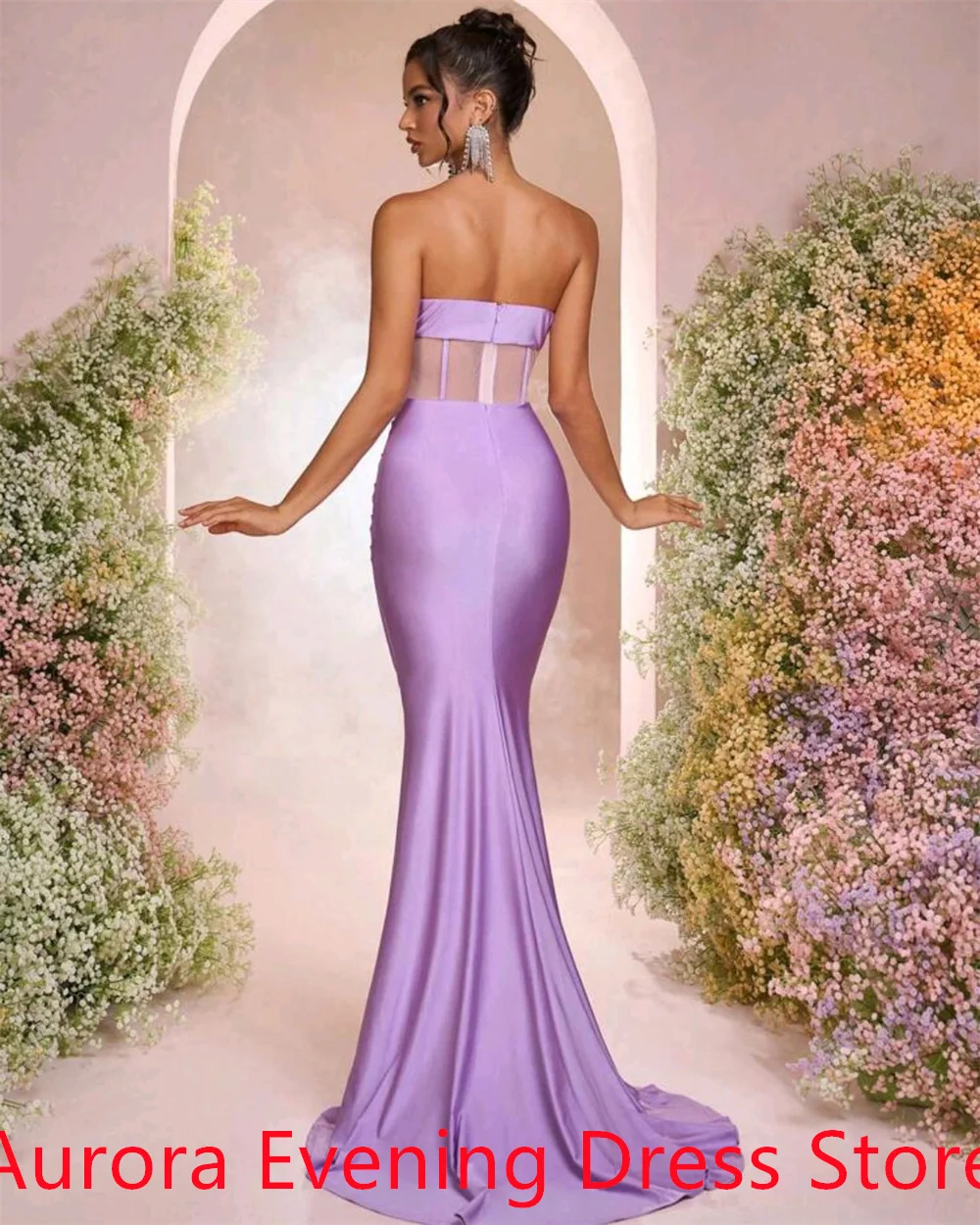 Индивидуальное темпераментное фиолетовое атласное платье для встречи выпускников, нежное платье без бретелек с цветами и кристаллами русалки на молнии сзади, Vestido De Festa