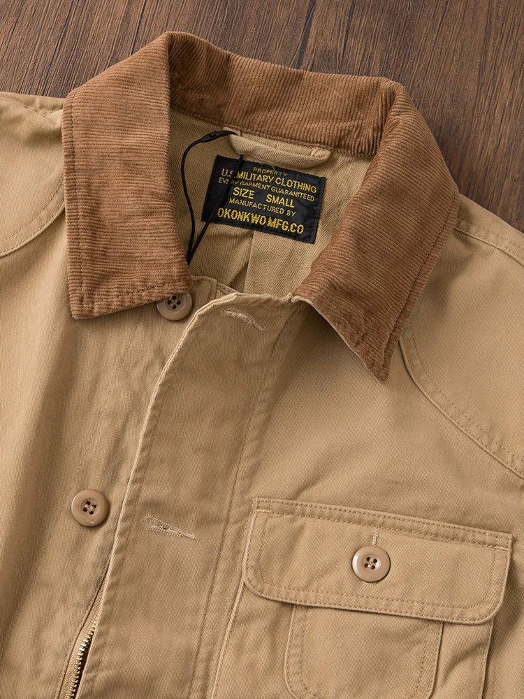 Retro American Style Men's Cotton Work Jacket with Multiple Pockets Casual Corduroy Shirt Collar Hunting Workwear Coat