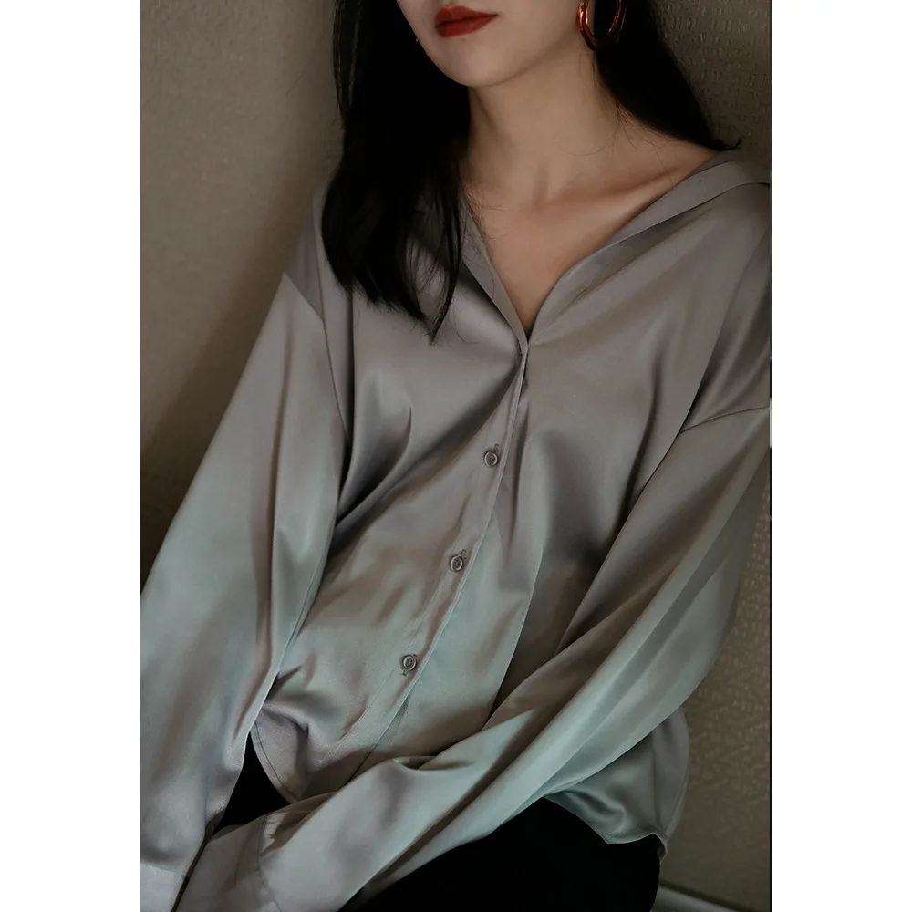 White Women's Shirt Commuting Collar Fashion Versatile, Shoulder Down Top Solid Color Loose Fitting Temperament Long sleeves