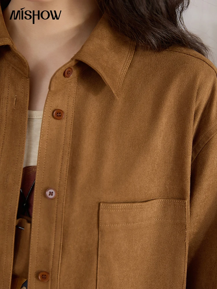 MISHOW Autumn Women's Jacket Retro Turn Down Collar Short Jacket Dropped Patch Pocket Casual Outerwear with Pendant MXE45C2413