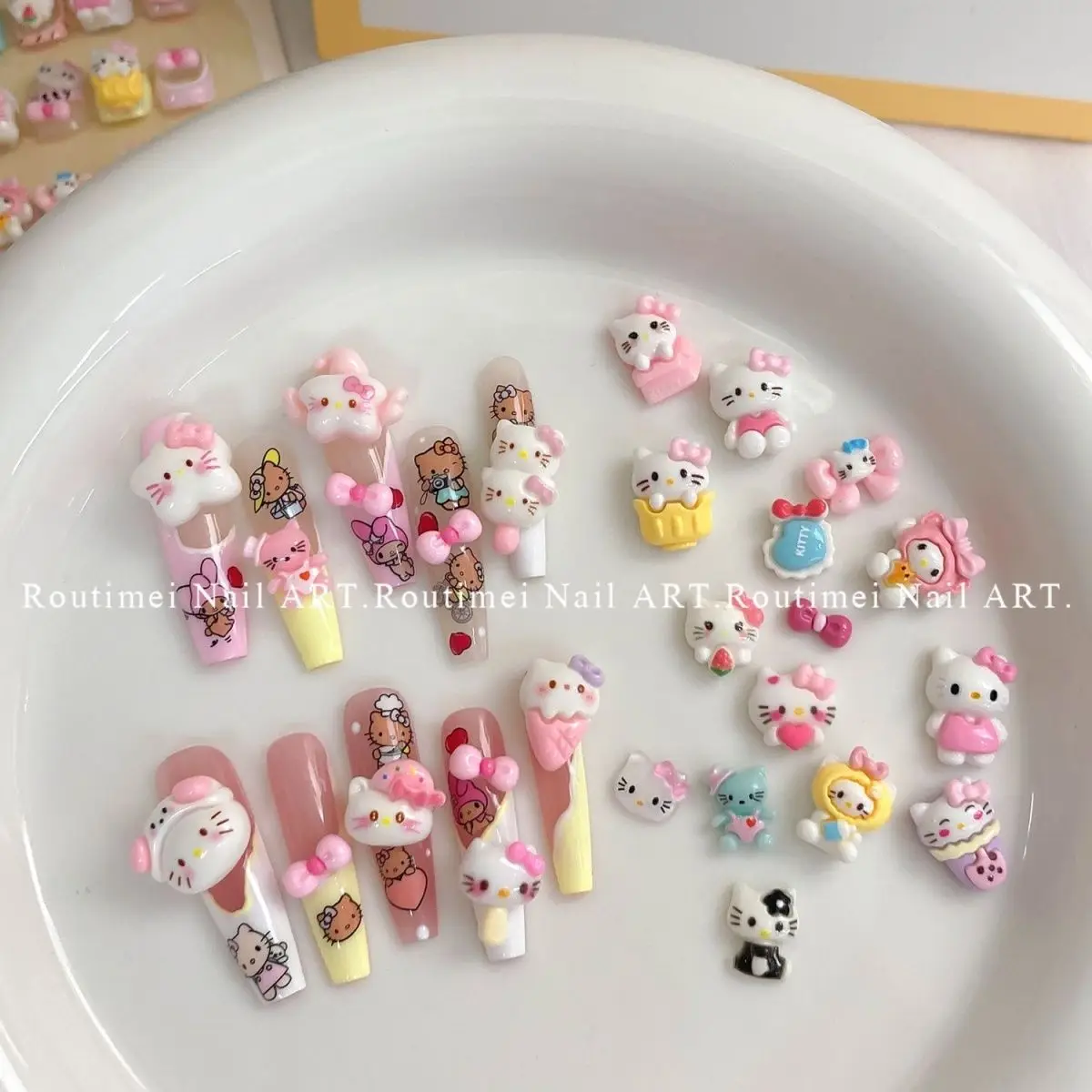 

100pcs Summer Hawaii Hello Kitty Fake Nails Accessories Diy Patches Handmade Manicure Material Decoration Girls Dress Up Jewelry