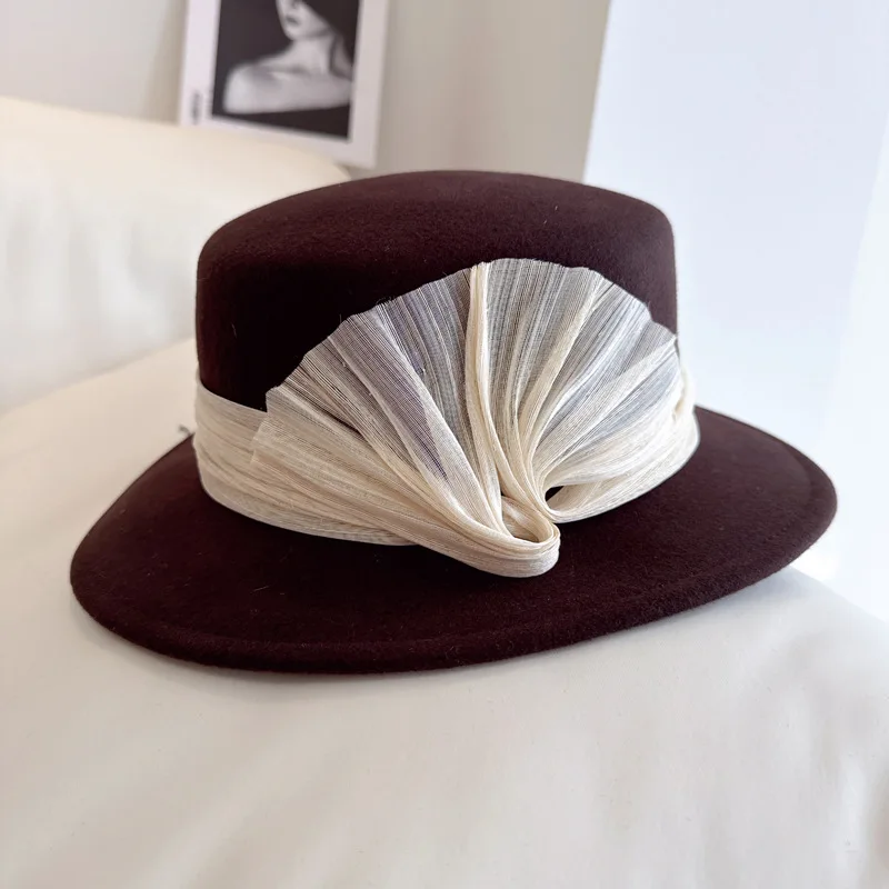 High quality Hepburn style silk hemp fan-shaped bow flat hat 100% Australian wool felt hat French banquet top hat