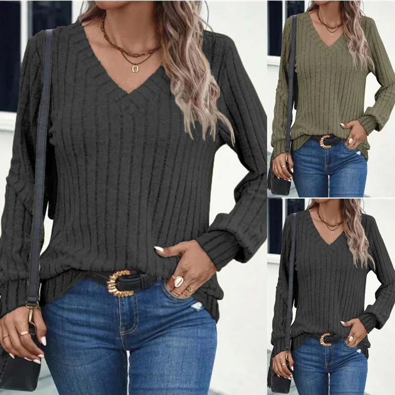 

2024 TEMU Autumn/Winter New Loose V-Neck Pit Striped Brushed Long Sleeved T-shirt For Women