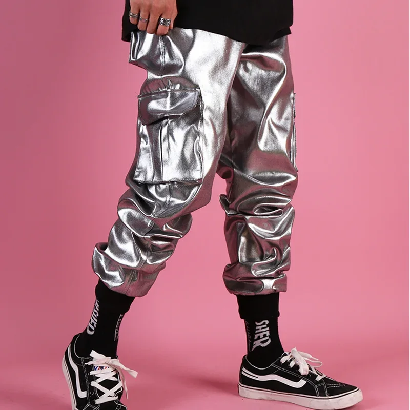 Hip Hop Punk Silver  Multi Pocket Cargo Trouser Stage Clothes DJ Singer Pant Men Casual Leather Harem Pant Male Streetwear