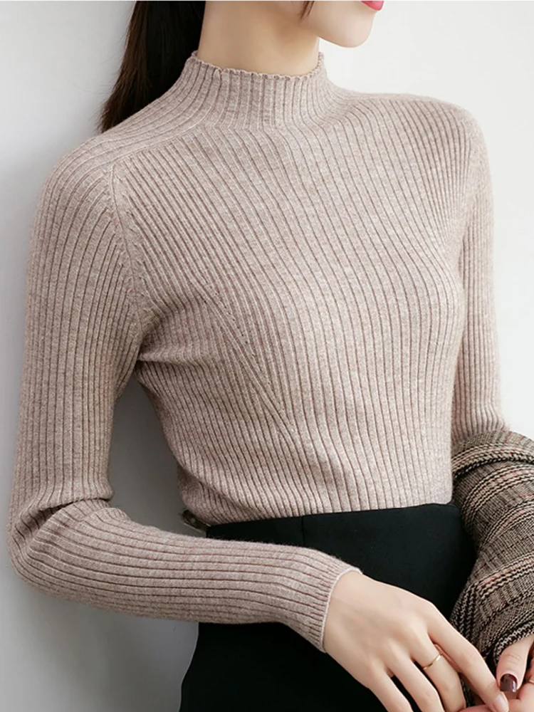 Women Ribbed Knitted Sweaters 2024 Autumn Winter Pullover Mock Neck Long Sleeve Slim Sweater Woman Solid Casual Knitwear Tops