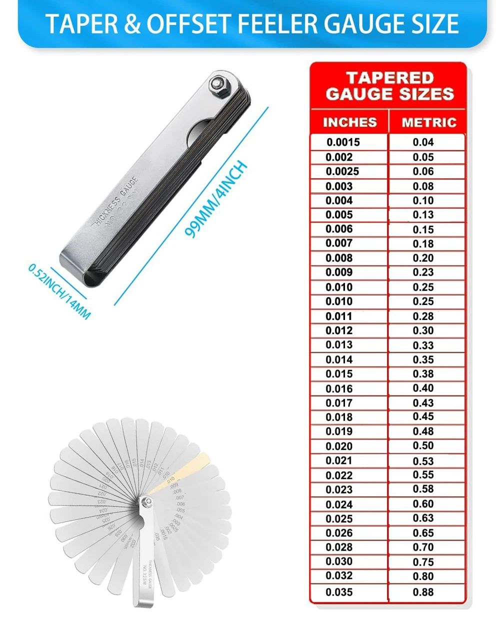 32 Blades Combination Feeler Gauge Stainless Steel Removable Metric Imperial 0.04-0.88mm Thickness Measuring tool