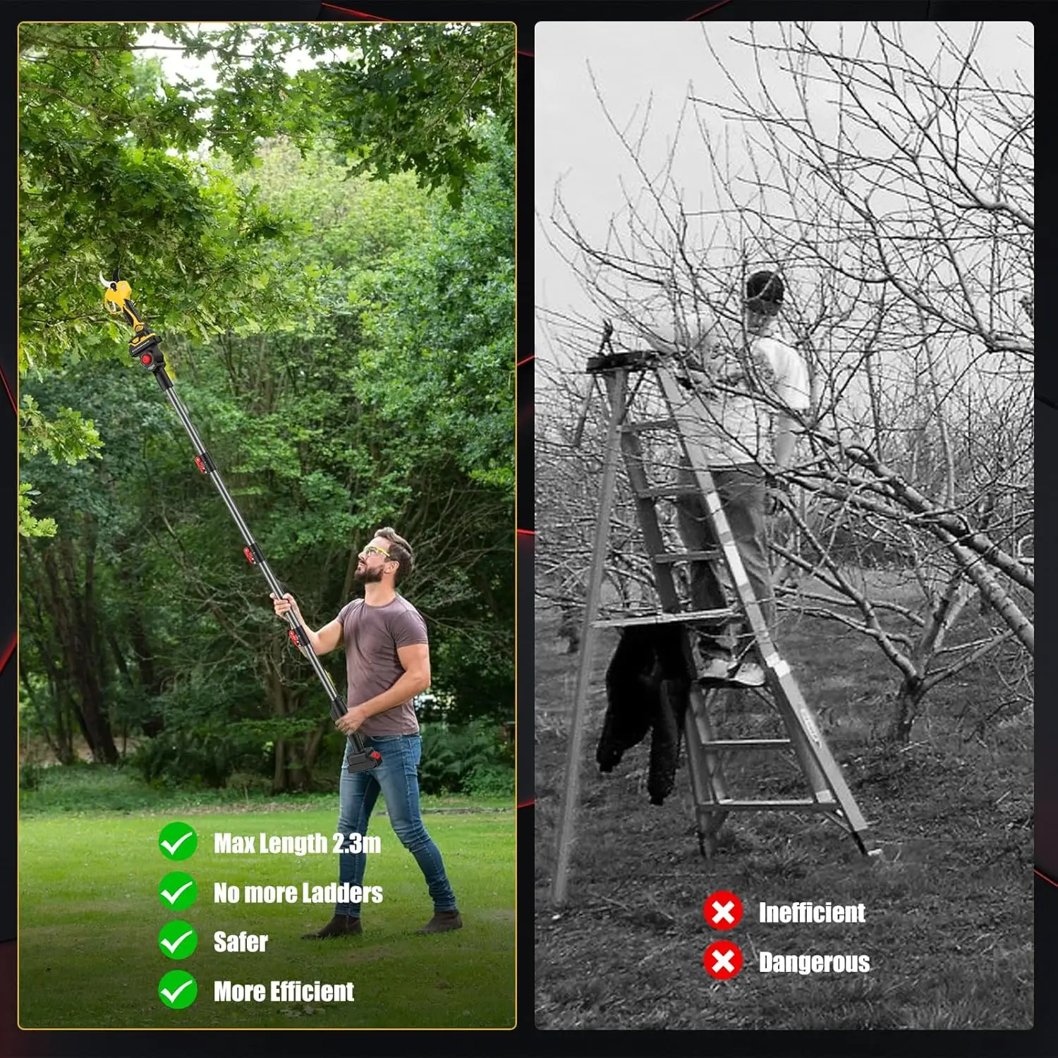 مقصات تشذيب كهربائية بمحرك بدون فرش ، مقصات تشذيب بقطب 8 أقدام ، قطر قطع أقصى ، 2 بوصة ، 50 ، 21 فولت ، 2 * 2Ah ، W ، تم اختبارها #2