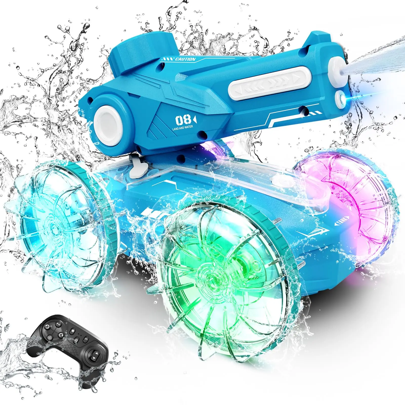 Amphibious Remote Control Car Boat for Kids, 2.4GHz 4WD Water Squirt RC Stunt Cars with LED Lights, 45 Min Playtime, Pool Toy