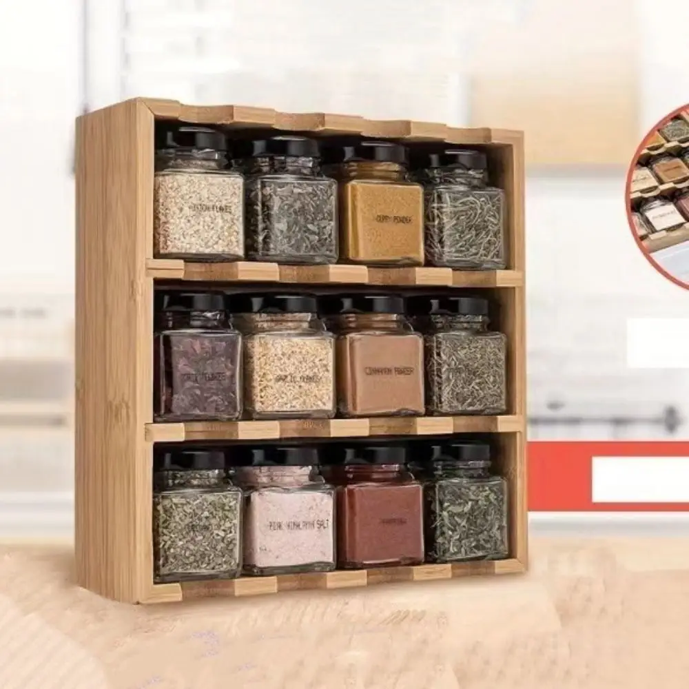 

Wooden 12 Grids Spice Rack Space Saving Large Capacity Condiment Storage Shelf with Storage Jars Seasoning Storage Rack
