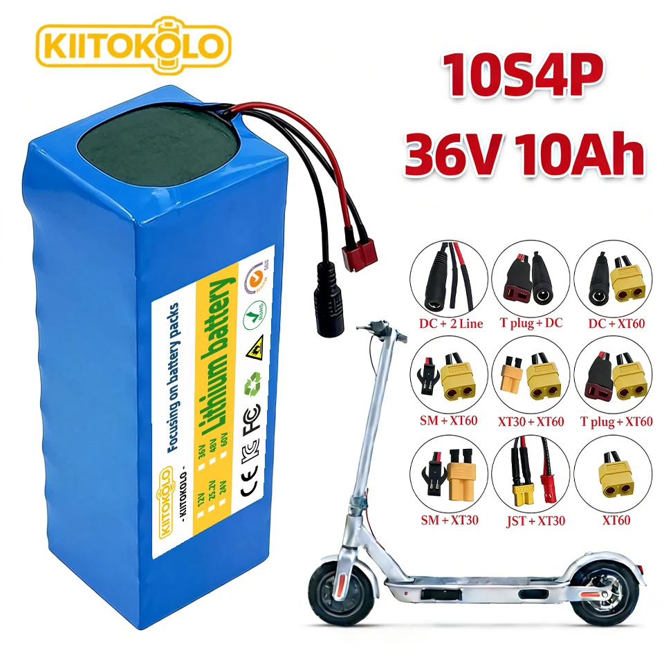 36V 10000mAh 10S4P Lithium Ion Battery Built-in BMS High Capacity Replacement Battery for 500W Electric Scooter E-Bike
