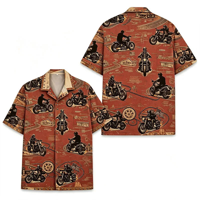 Men's Vintage Motorcycle 3d Print Shirt Trend Streetwear Short Sleeve Button Short Sleeves Casual Summer America Aloha Shirt