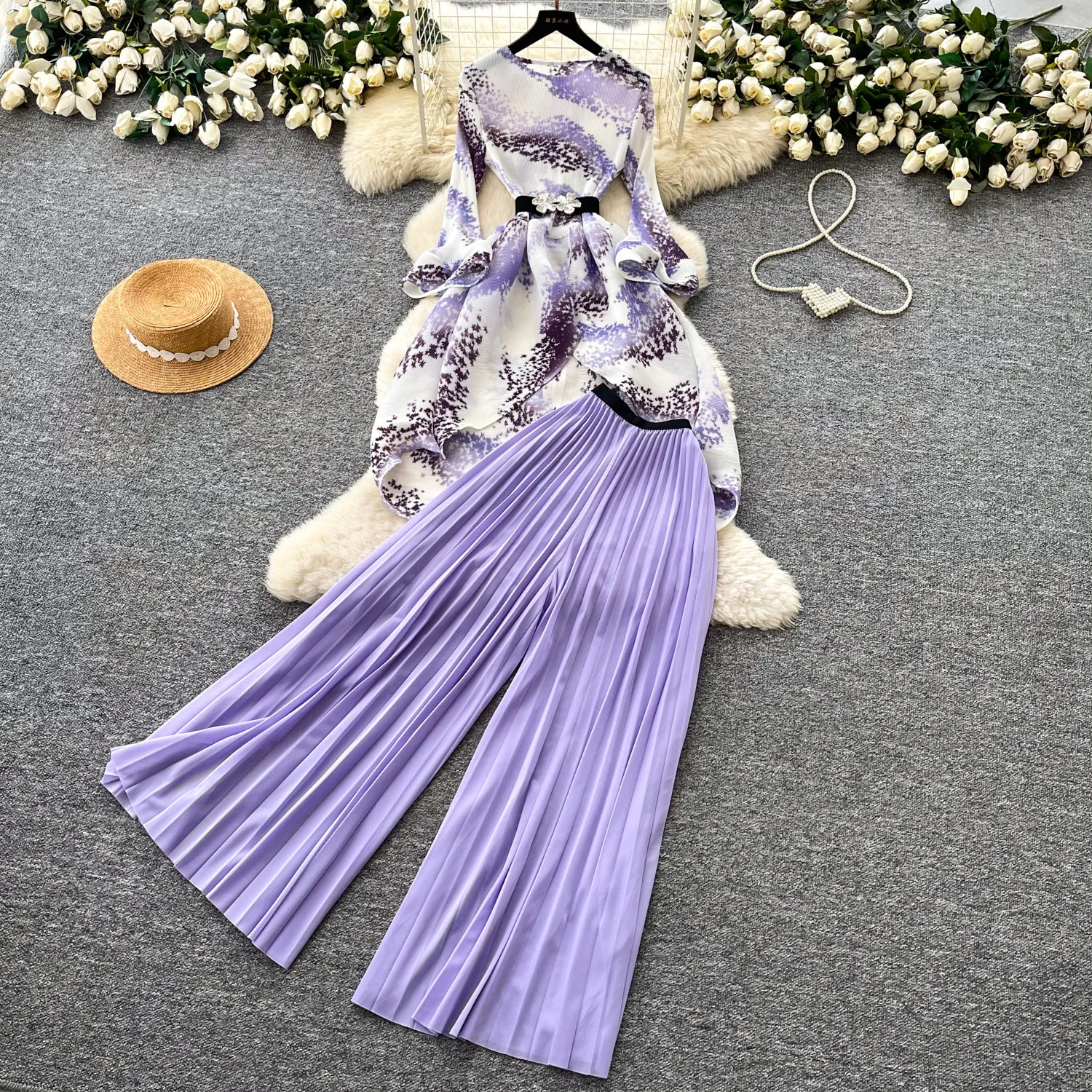 

Women Pant Set Two Piece Sets Round Neck Full Sleeve Tops Print Wide Leg Long Pants Elastic Waist Y2k Streetwear Elegant 2026