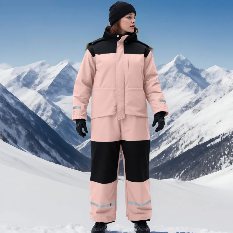 Winter Outdoor Adult One-piece Ski Suit, Cold-proof and Waterproof, Thickened Warm and Windproof Luminous Hooded Ski Suit