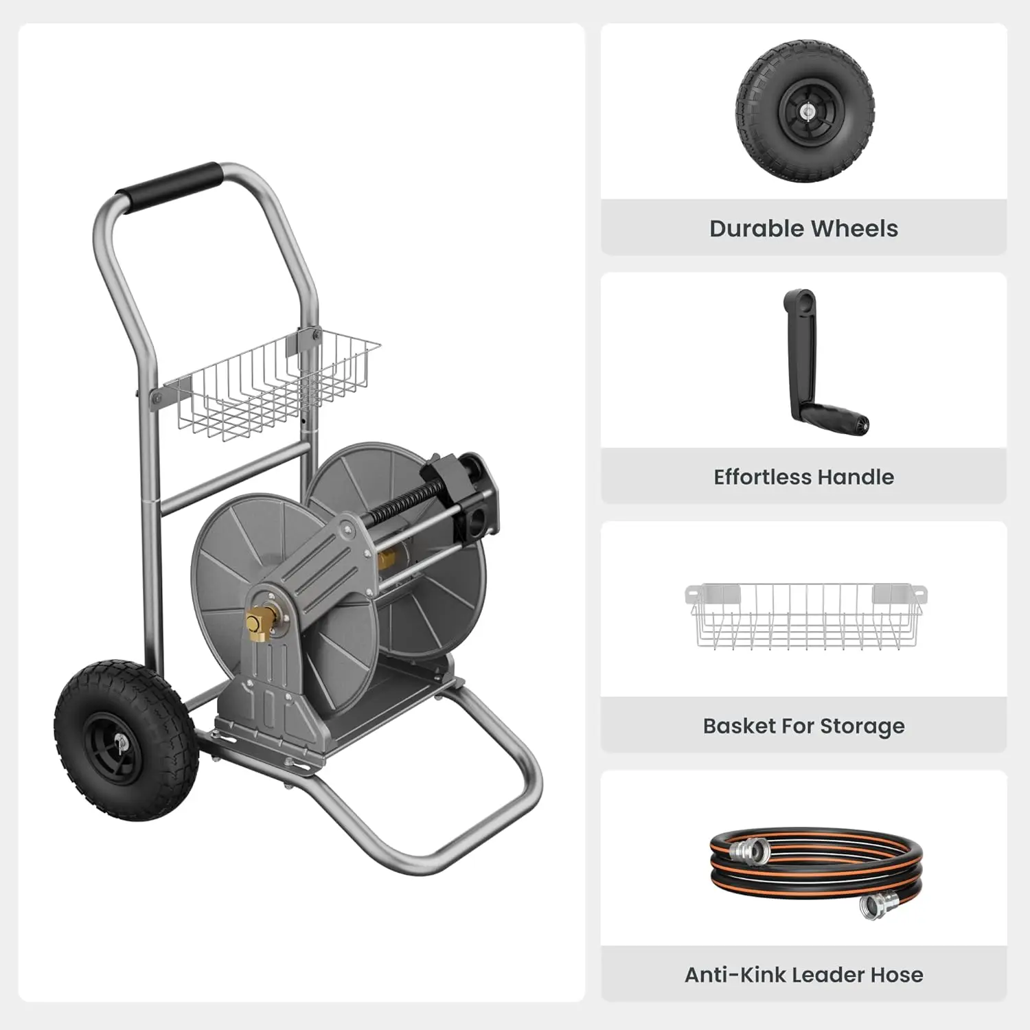 Garden Hose Reel Cart with Wheels, Heavy Duty Metal Water Hose Reel Cart, 200 ft of 1/2 Capacity, Mobile Hose Reel Cart