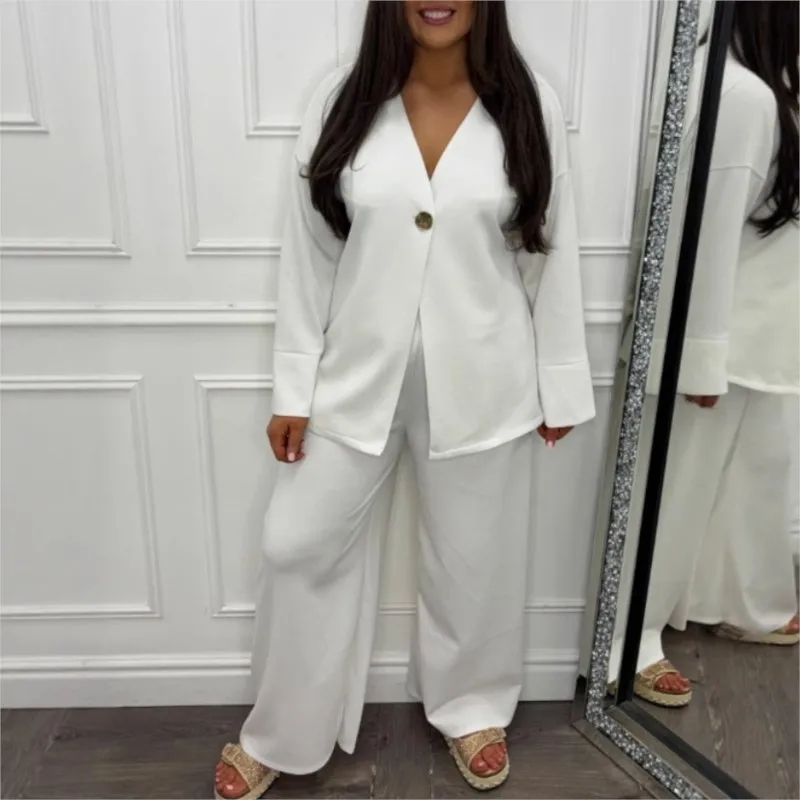 Sexy V-neck Loose Top Wide Leg Pants Fashionable Hoodie Two-piece Set Autumn Winter Women's New Casual Long Sleeved Pants Set