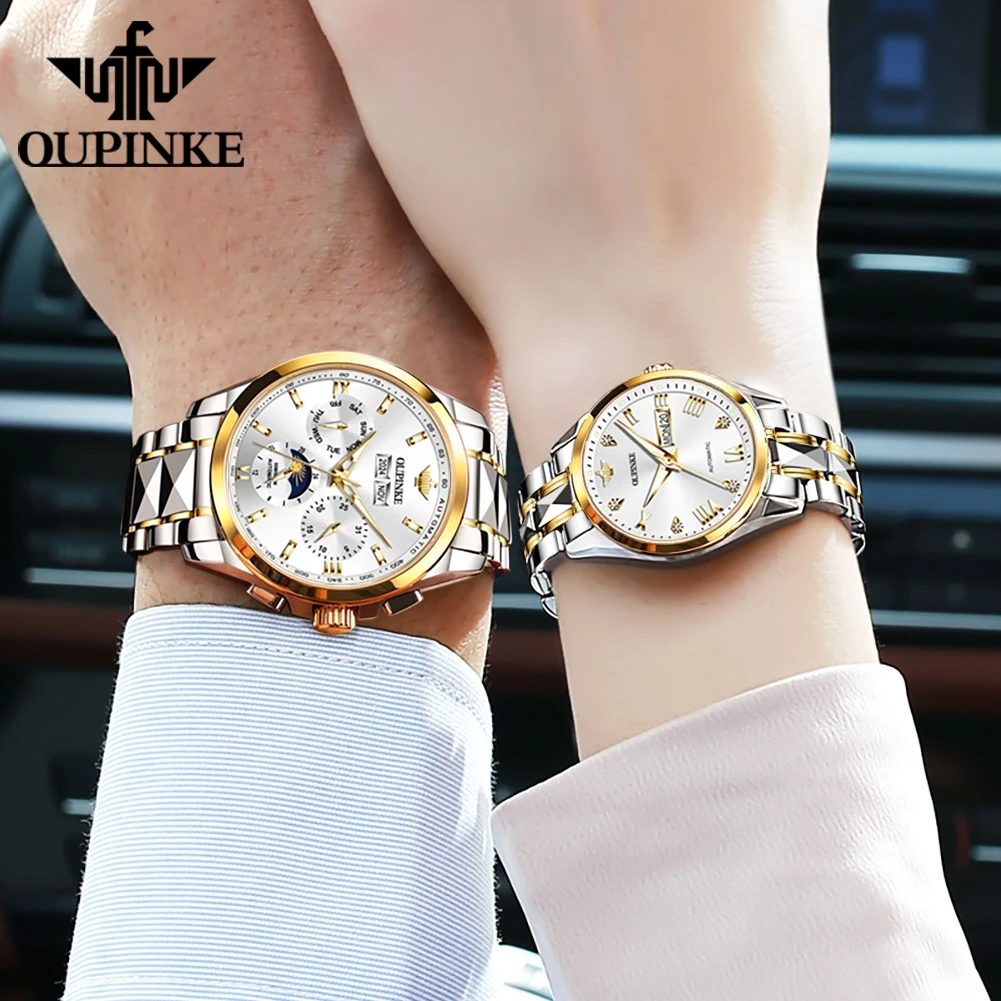 OUPINKE Couple Watches 2Pcs Luxury Fashion Original Automatic Mechanical Watch for Man Tungsten Steel Sapphire Mirror Waterproof
