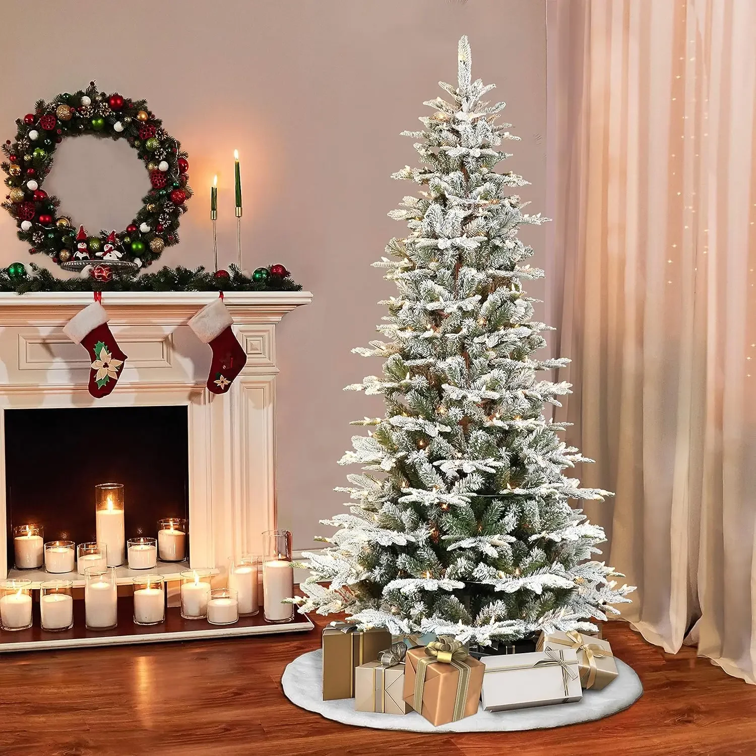 

6.5 Foot Pre-Lit Slim Flocked Aspen Fir Artificial Christmas Tree with 350 Clear Lights and Sturdy Metal Base