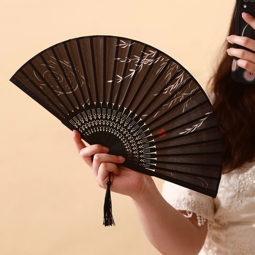 Bamboo Chinese Japanese Folding Fan Tassel Elegent Female Fan Handmade Shank Classical Dance Fan Floral Print Vintage Style