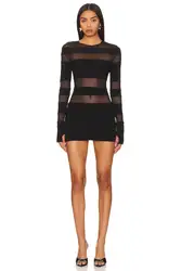 Women's Patchwork Sheer Mesh Stripe Mini Dress, Long Sleeve, Sexy, See Through, Slim, Warm Hip, Short, Partywear, New Arrival