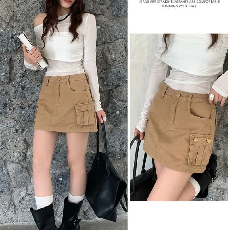 

Khaki Denim Workwear Skirt for Women Spring/Autumn Season 3D Pockets Butt-Lifting Fierce Little Miniskirt A-Line Silhouette