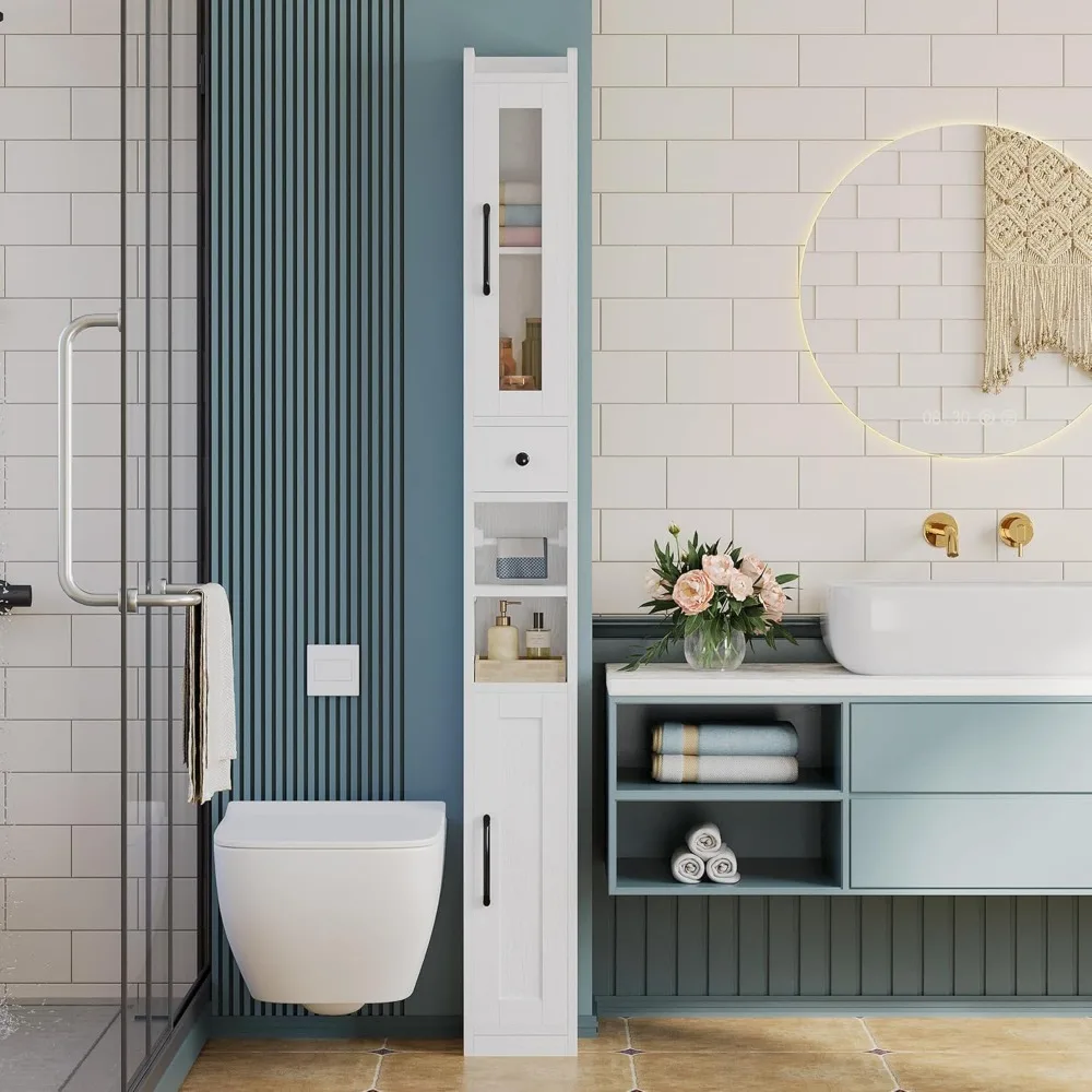 

Tall Bathroom Cabinet with Drawer and Door, 71 H Slim Freestanding Narrow Storage Cabinet with Adjustable Shelves, Retrac