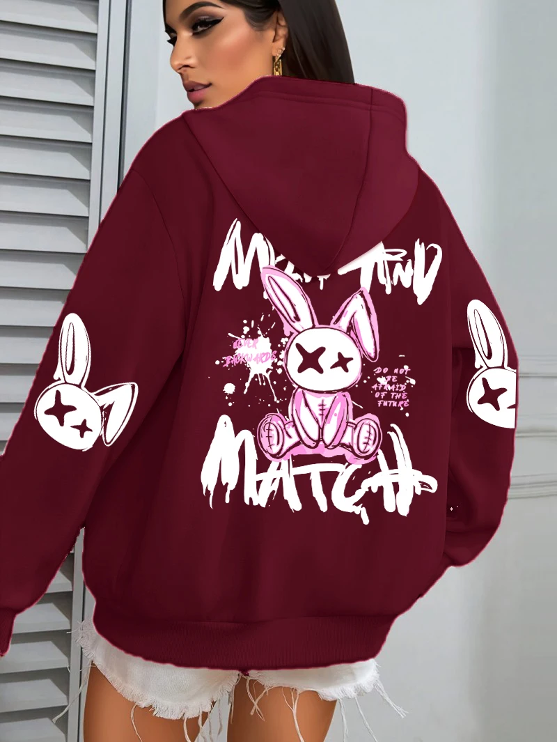 Mix And Match Cartoon Rabbit Prints Women Hoodie Pocket Streetwear Harajuku Loose Hoody All-Match Fleece Female Clothing