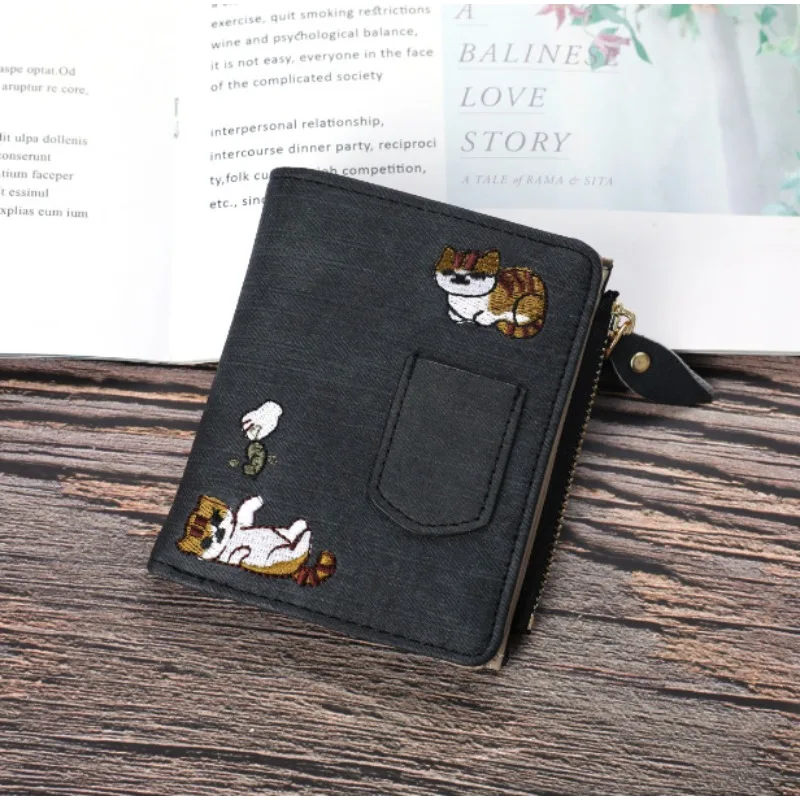 Embroidery Cat Women Short Wallet Zipper Coin Purse Short Women's Wallet Kawaii Mini Cards Holder Clutch for Girl Carteras Mujer