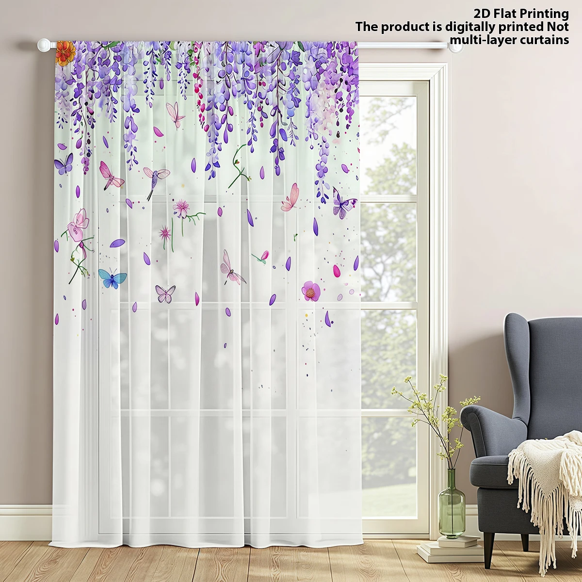 Hummingbird Floral Sheer Curtains Butterfly Print Rod Pocket Window Curtains for Bedroom Light Filtering Voile Drapes 1 Panel