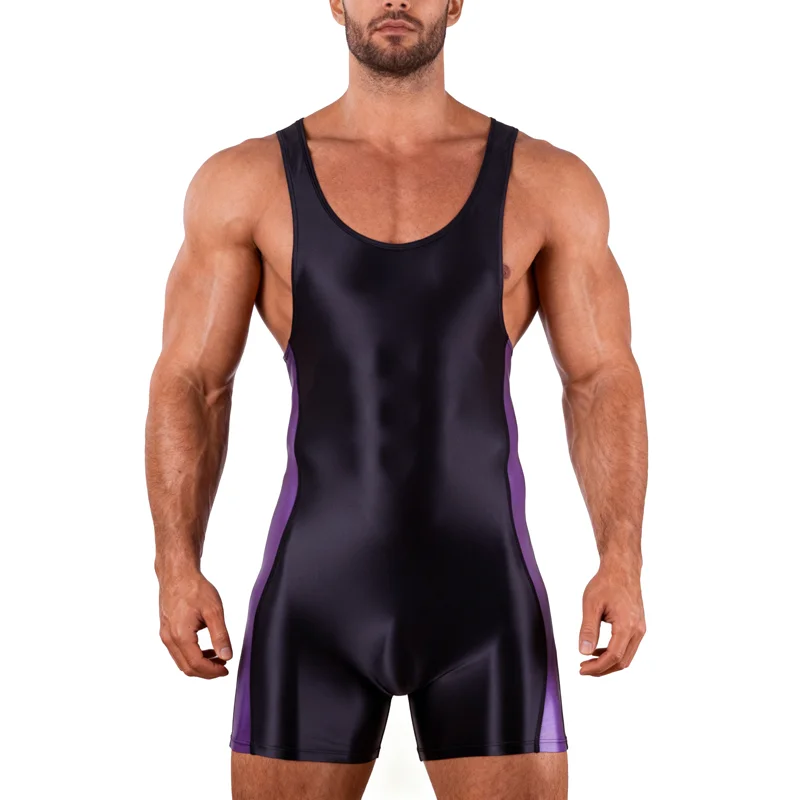 men Shiny Glossy Stretch Skinny bodysuit one-piece swimsuit Elastic Breathable fitness Sports cycling Tight Diving surfing suit