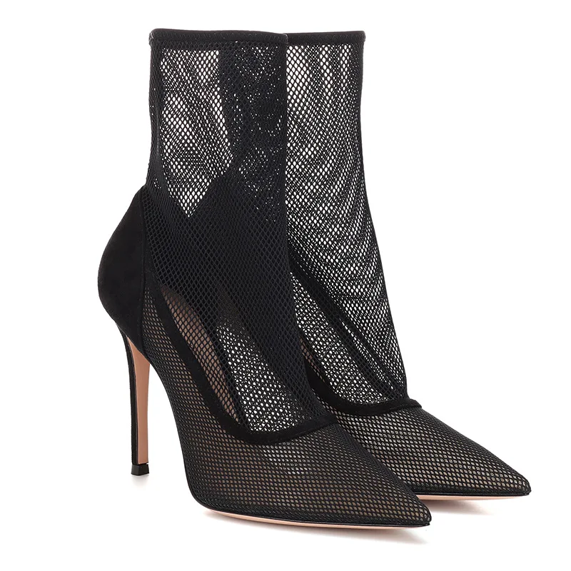 Sexy Air Mesh Slip On Sock Boots Woman Stiletto High Heels Pointed Toe Black Stretch Fishnet Summer Ankle Boots
