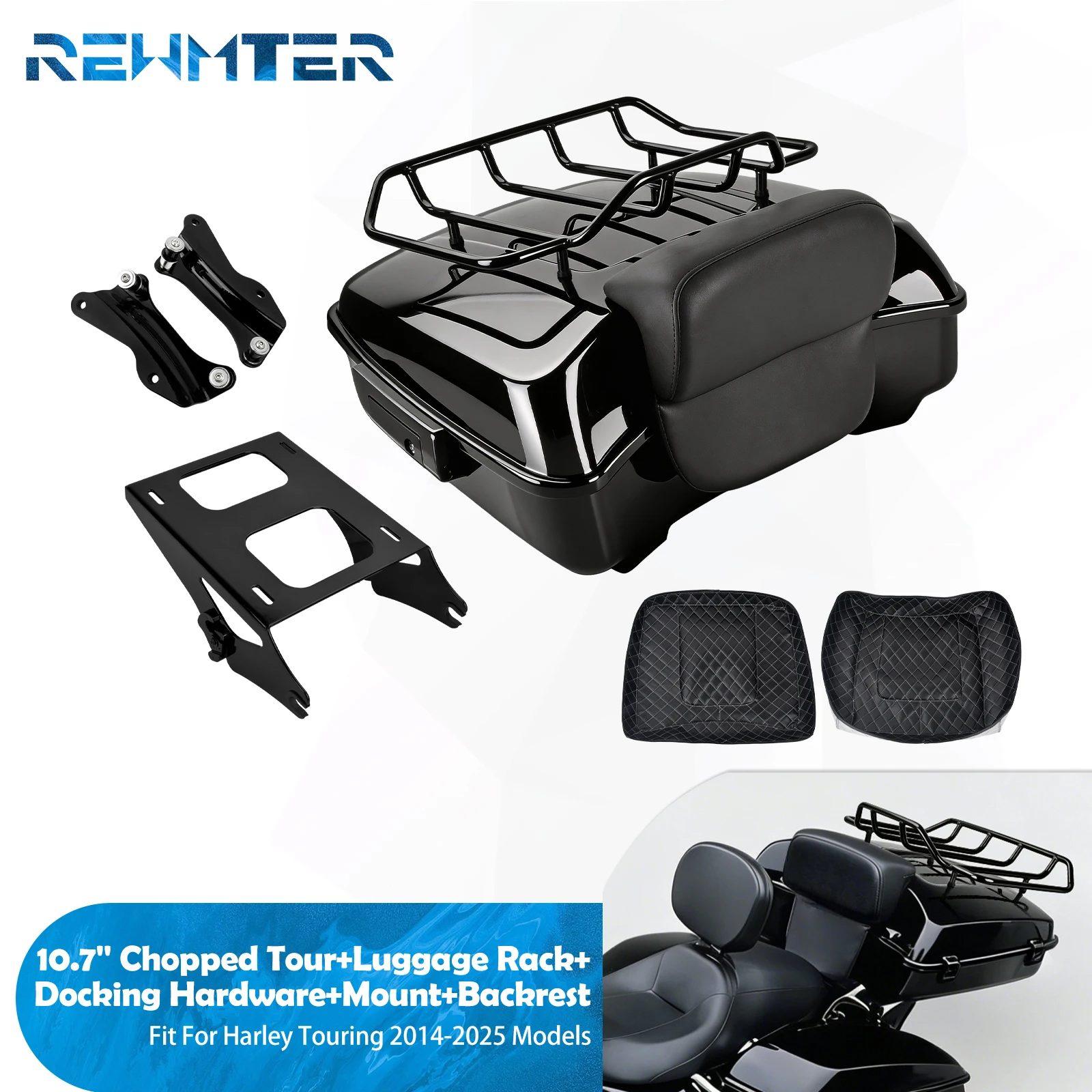 Motorcycle Chopped Trunk 10.7'' Luggage Box W/ Backrest Mounting Rack Kit For Harley Touring 2014-2025 Road King Glide FLHT FLHX