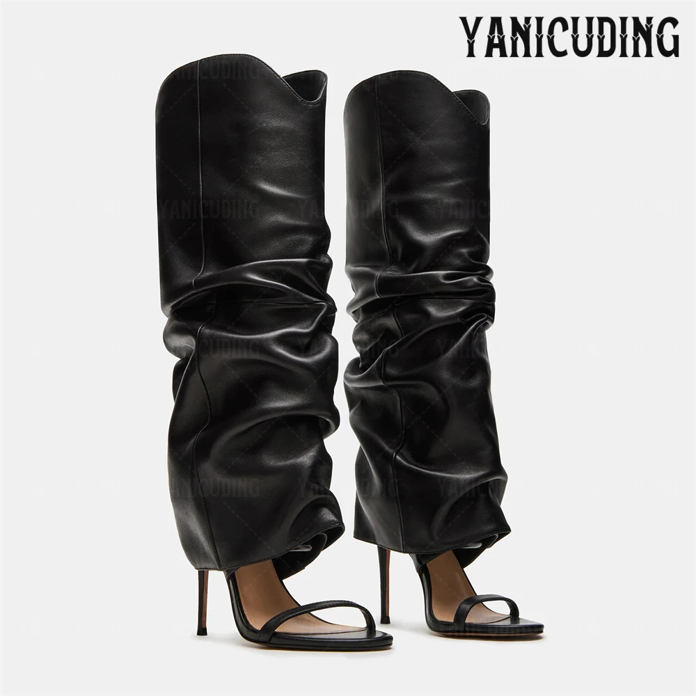 

Cuffed Knee High Sandal Boots Open Toe Stiletto Heel Boots for Summer Concise Style Black Leather Slip on Sandal Boots for Women