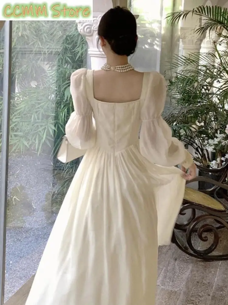 Elegante abito longuette con maniche a lanterna francese con lacci Abito estivo da donna con scollo quadrato Abito da ballo per feste da sera Abiti femminili Mujer Autunno