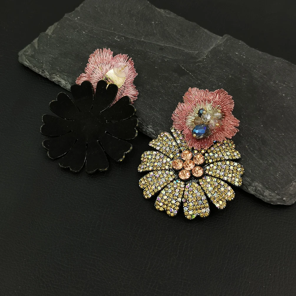 Big Rhinestones Flower Drop Earrings For Women Statement Crystal Dangle Earring Fashion Party  Jewelry Pink Accessories