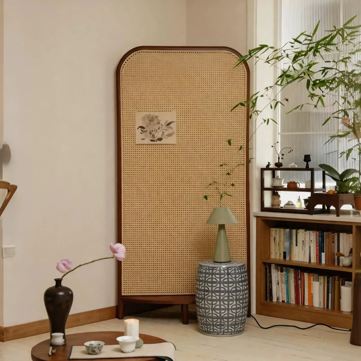 Medieval solid wood screen living room solid wood rattan partition entrance facing the door to block the new retro shelf